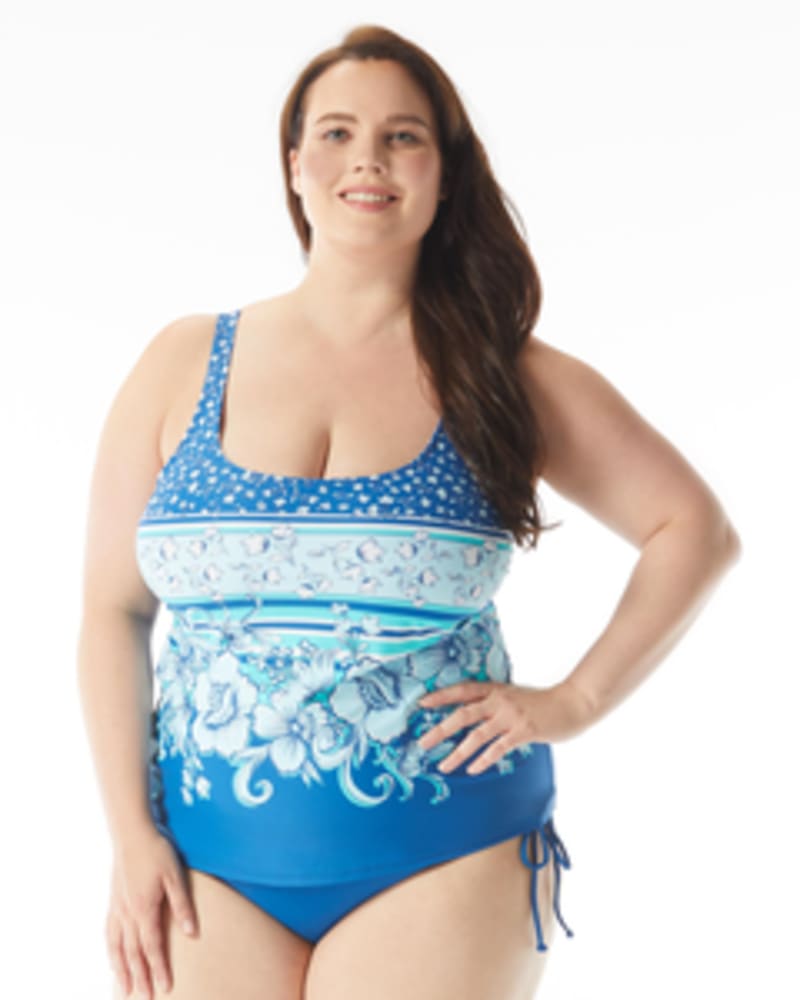 Front of a model wearing a size 16W Julie Side Tie Tankini Top in BLUE BLISS by Beach House Woman. | dia_product_style_image_id:269196